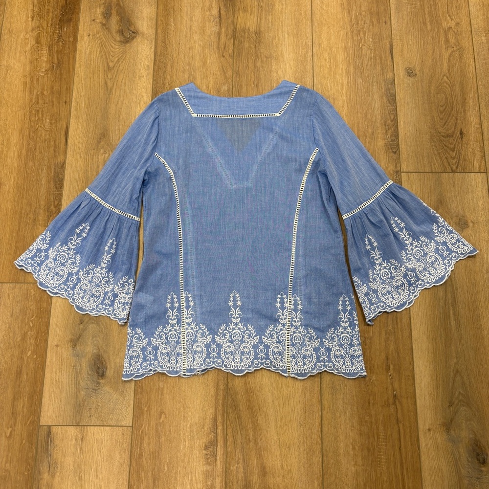 🌟SUNDANCE🌟 EMBROIDERED BELL SLEEVE BOHO V NECK BLOUSE BLUE SZ S - Picture 7 of 7